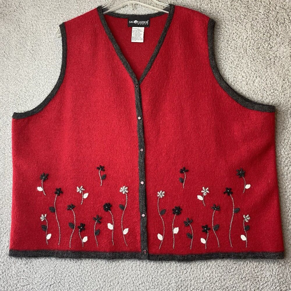 VTG Sag Harbor Sweater Vest Women 2XL Red Gray Boiled Wool Mohair Embroidered